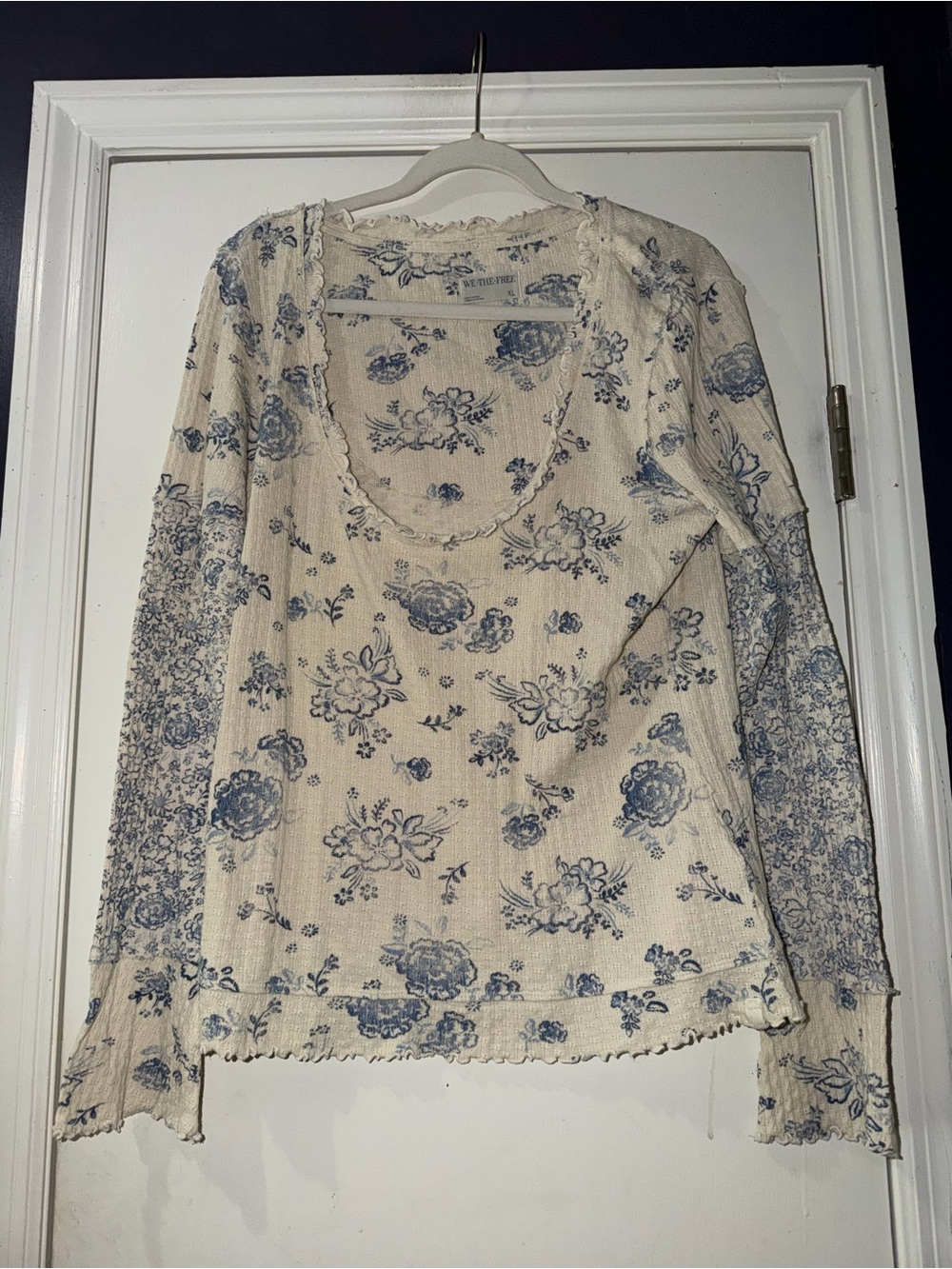 We The Free Cream and Blue Floral Long Sleeve Scoop Thermal Top